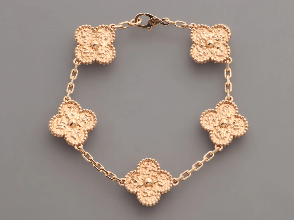 Van Cleef & Arpels 18K Rose Gold Hammered 5-Motif Vintage Alhambra Bracelet - Image 2