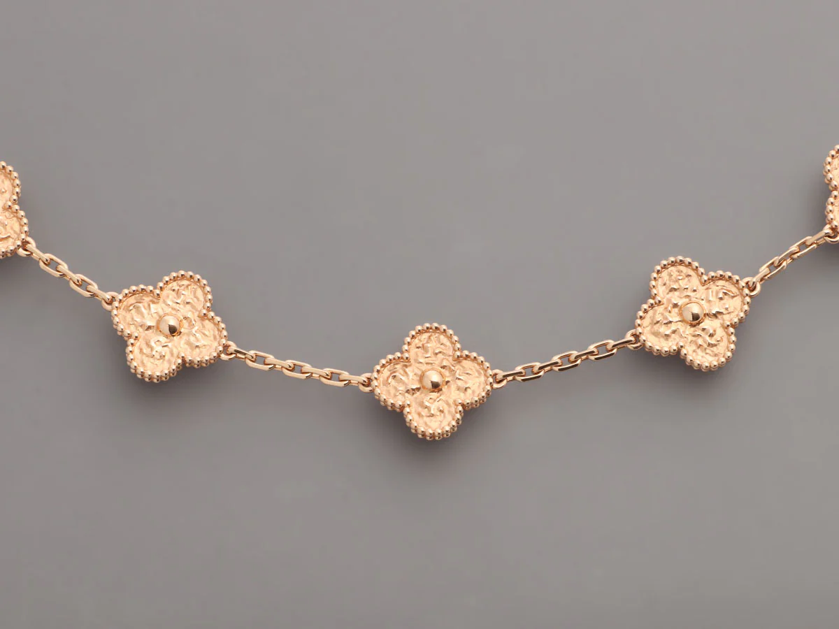 Van Cleef & Arpels 18K Rose Gold Hammered 5-Motif Vintage Alhambra Bracelet - Image 3
