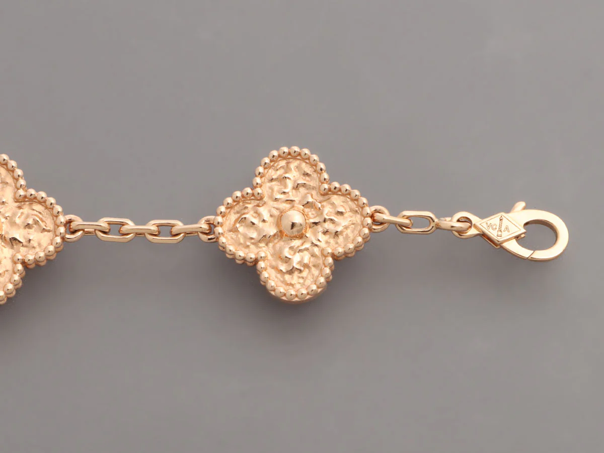 Van Cleef & Arpels 18K Rose Gold Hammered 5-Motif Vintage Alhambra Bracelet - Image 4