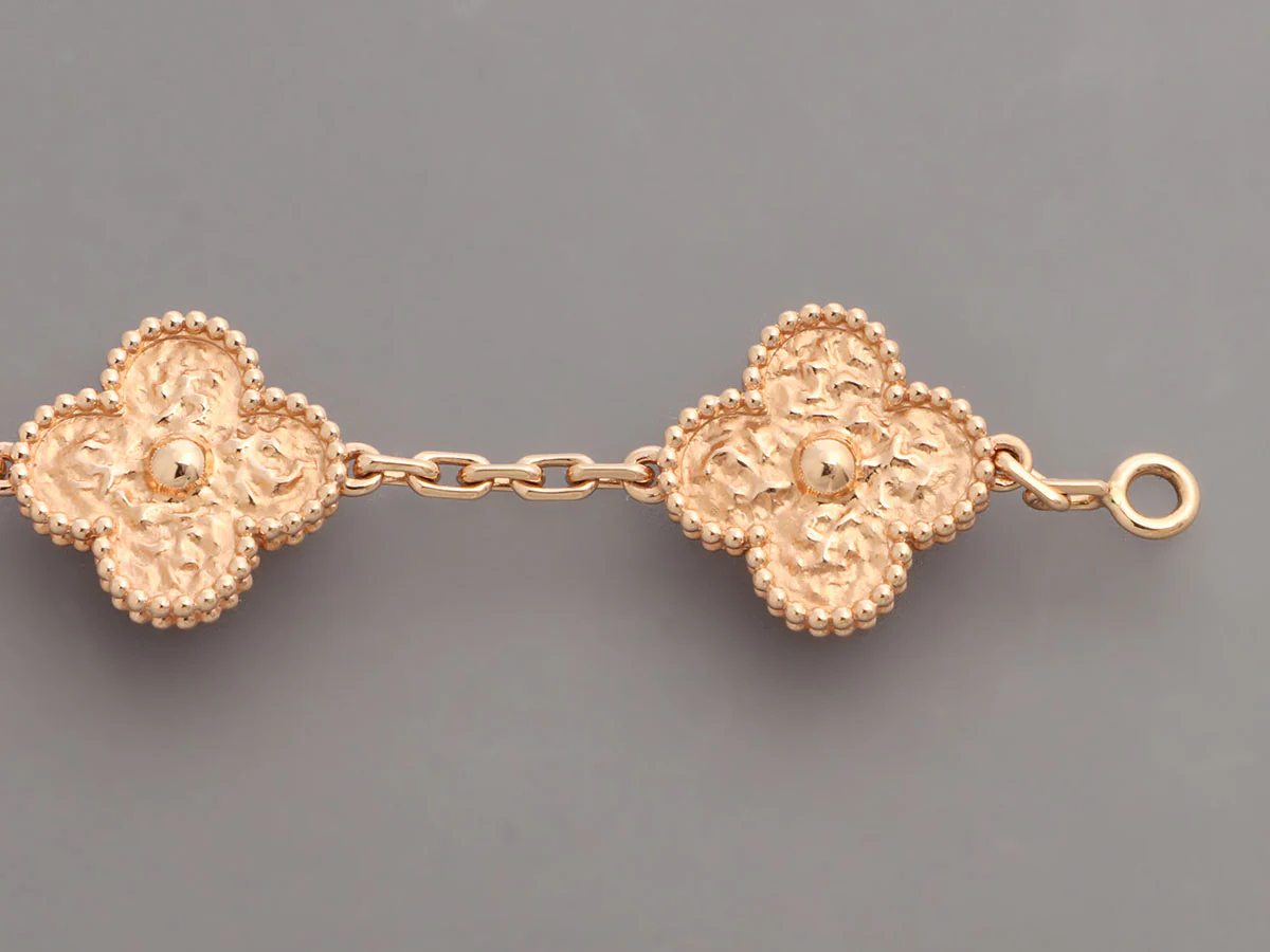 Van Cleef & Arpels 18K Rose Gold Hammered 5-Motif Vintage Alhambra Bracelet - Image 5