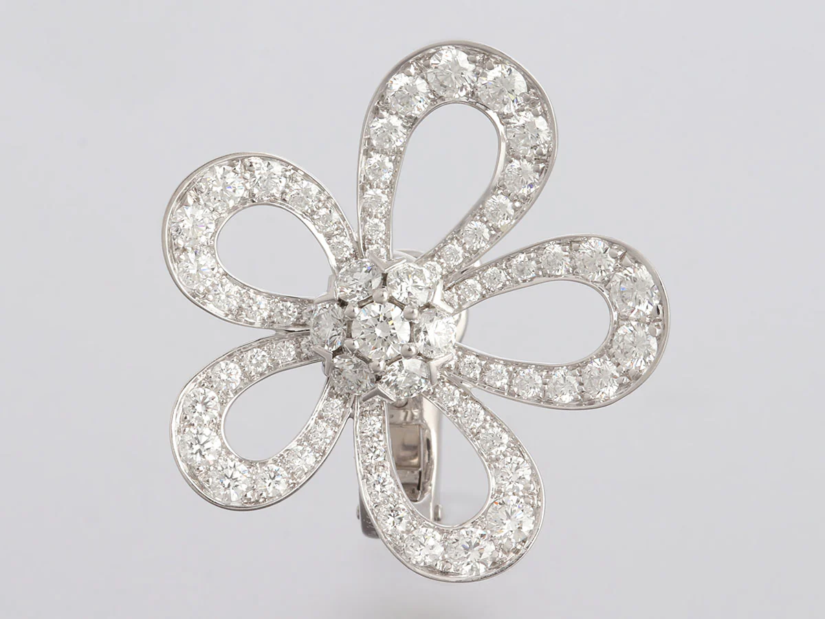 Van Cleef & Arpels 18K White Gold Diamond Flower Lace Pierced Earrings - Image 2