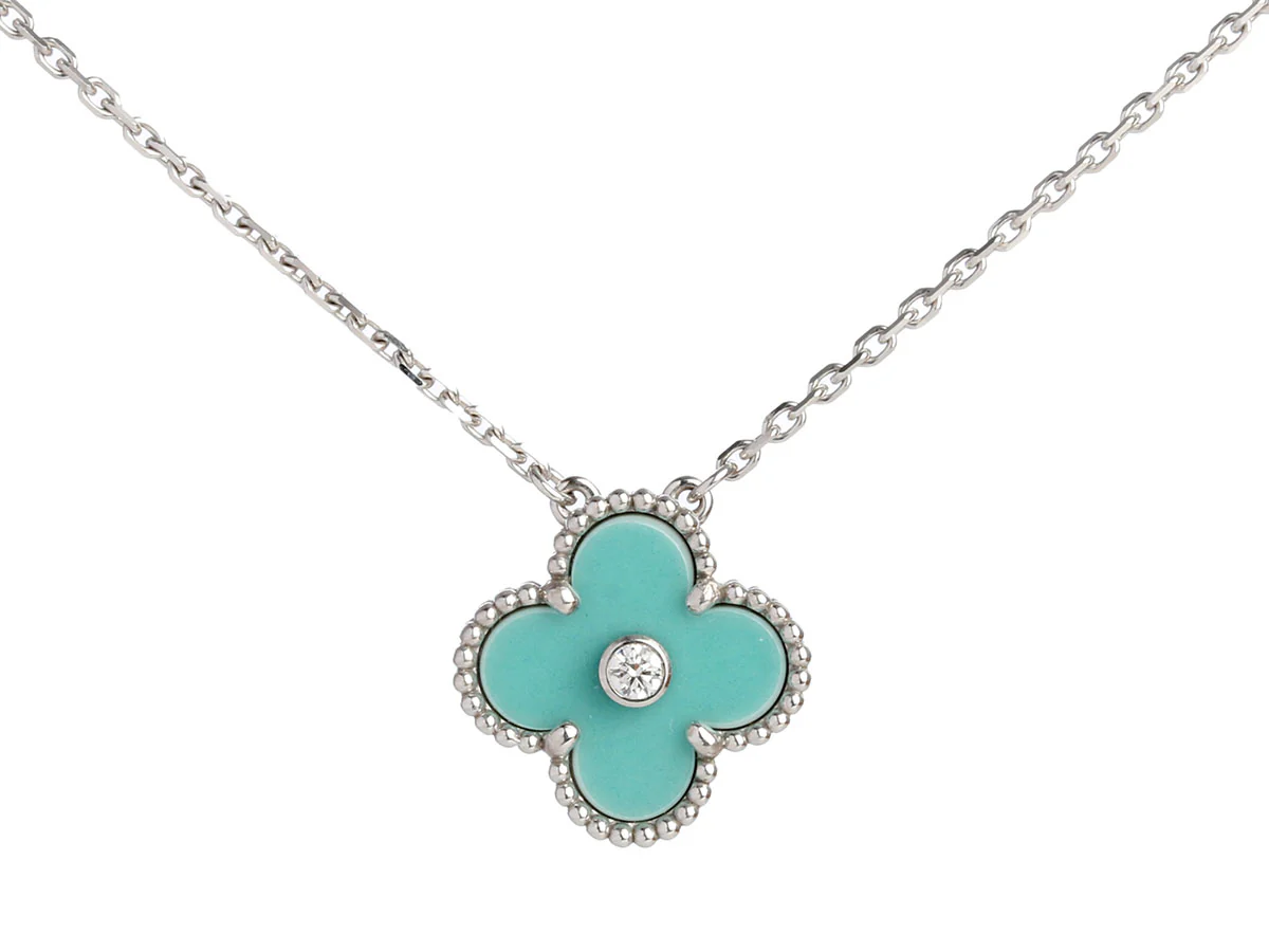 Van Cleef & Arpels 18K White Gold Green Celadon and Diamond 2022 Holiday Vintage Alhambra Necklace