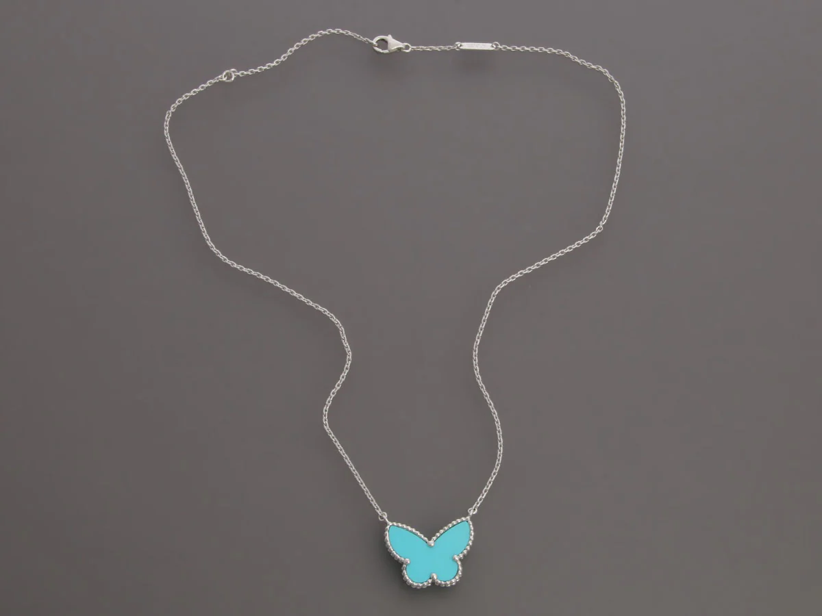 Van Cleef & Arpels 18K White Gold Turquoise Lucky Alhambra Butterfly Necklace - Image 2