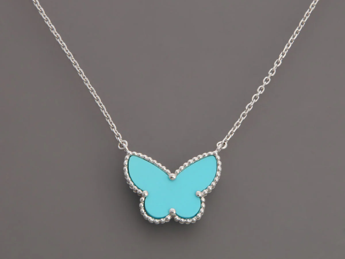 Van Cleef & Arpels 18K White Gold Turquoise Lucky Alhambra Butterfly Necklace - Image 3
