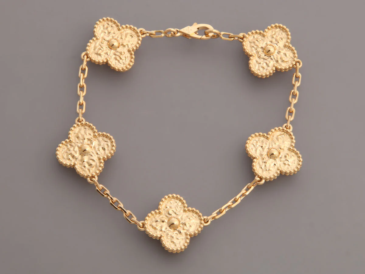 Van Cleef & Arpels 18K Yellow Gold Hammered 5-Motif Vintage Alhambra Bracelet - Image 4