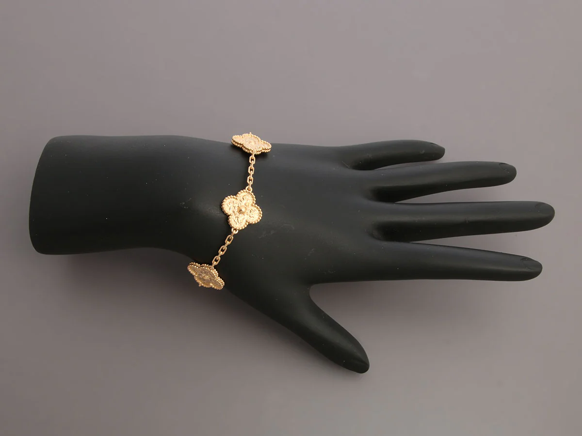 Van Cleef & Arpels 18K Yellow Gold Hammered 5-Motif Vintage Alhambra Bracelet - Image 5