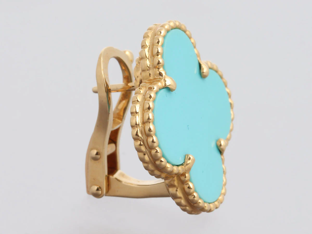 Van Cleef & Arpels 18K Yellow Gold Turquoise Magic Alhambra Pierced Earrings - Image 3