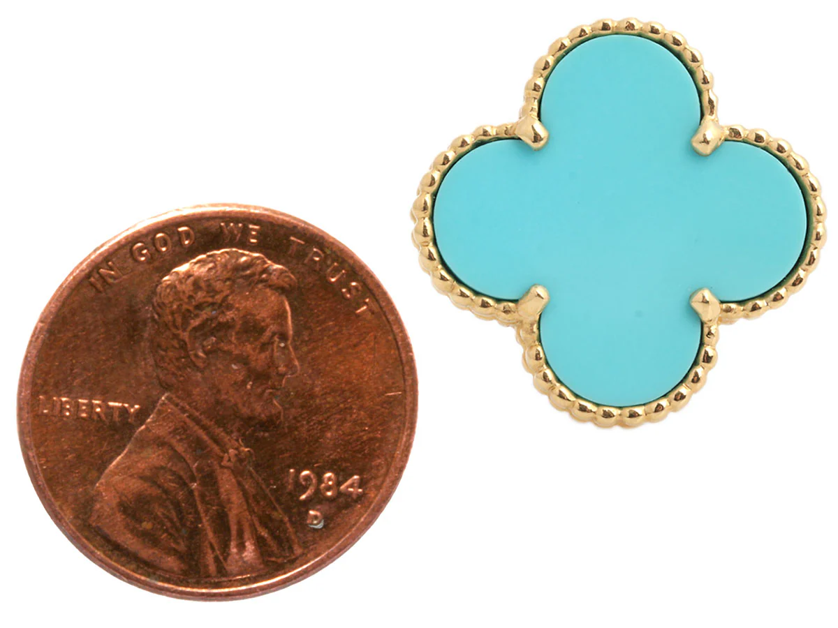 Van Cleef & Arpels 18K Yellow Gold Turquoise Magic Alhambra Pierced Earrings - Image 5