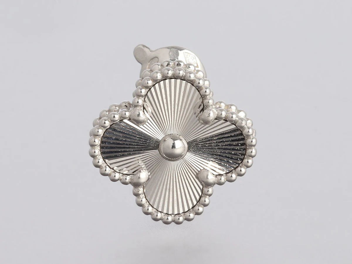 Van Cleef & Arpels 18K White Gold Vintage Alhambra Guilloché Pierced Earrings - Image 2
