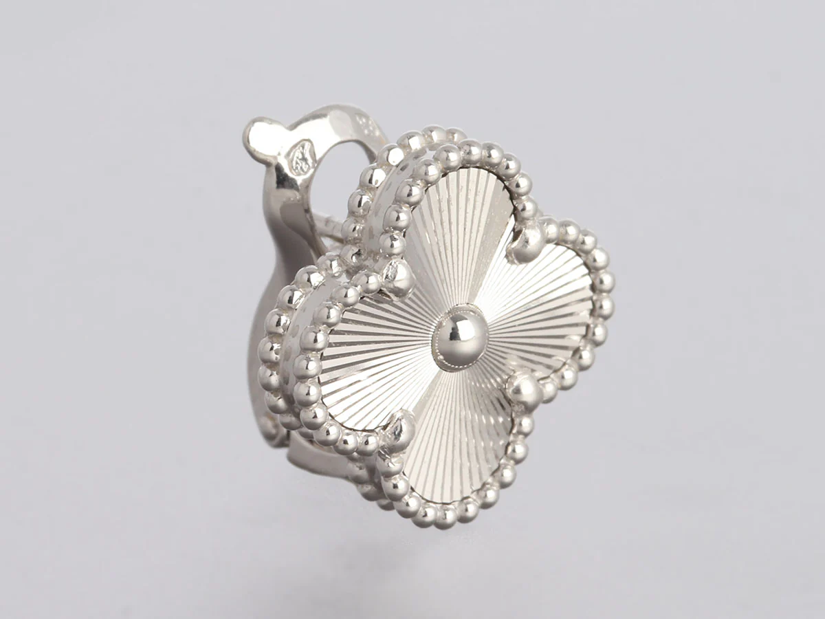 Van Cleef & Arpels 18K White Gold Vintage Alhambra Guilloché Pierced Earrings - Image 3