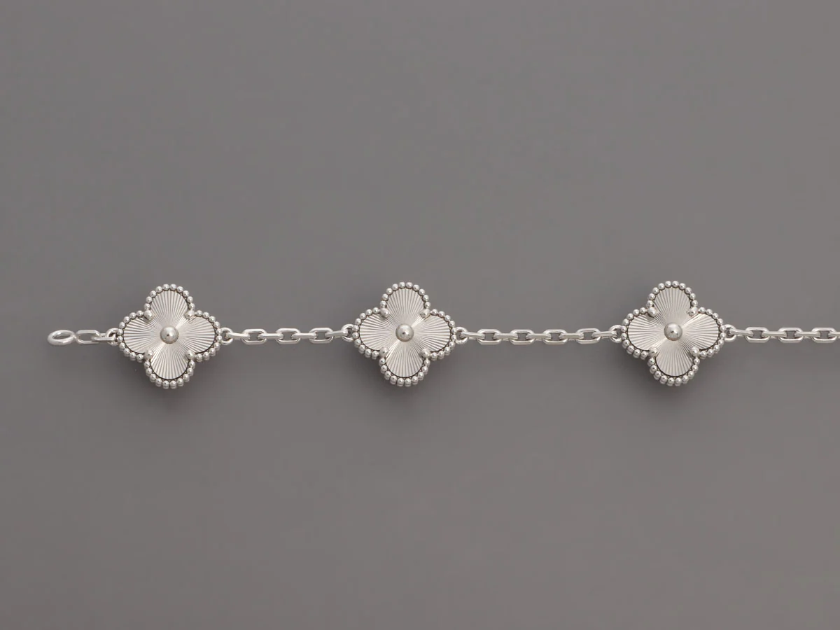 Van Cleef & Arpels 18K White Gold 5-Motif Guilloché Vintage Alhambra Bracelet - Image 3