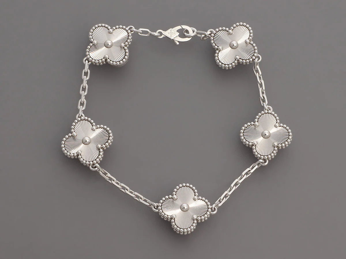 Van Cleef & Arpels 18K White Gold 5-Motif Guilloché Vintage Alhambra Bracelet - Image 4