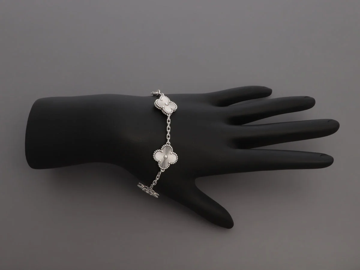 Van Cleef & Arpels 18K White Gold 5-Motif Guilloché Vintage Alhambra Bracelet - Image 6
