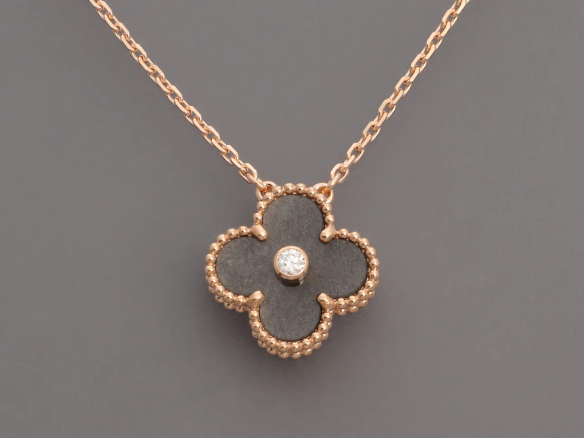 Van Cleef & Arpels 18K Rose Gold Silver Obsidian Diamond 2023 Holiday Vintage Alhambra Pendant Necklace - Image 3