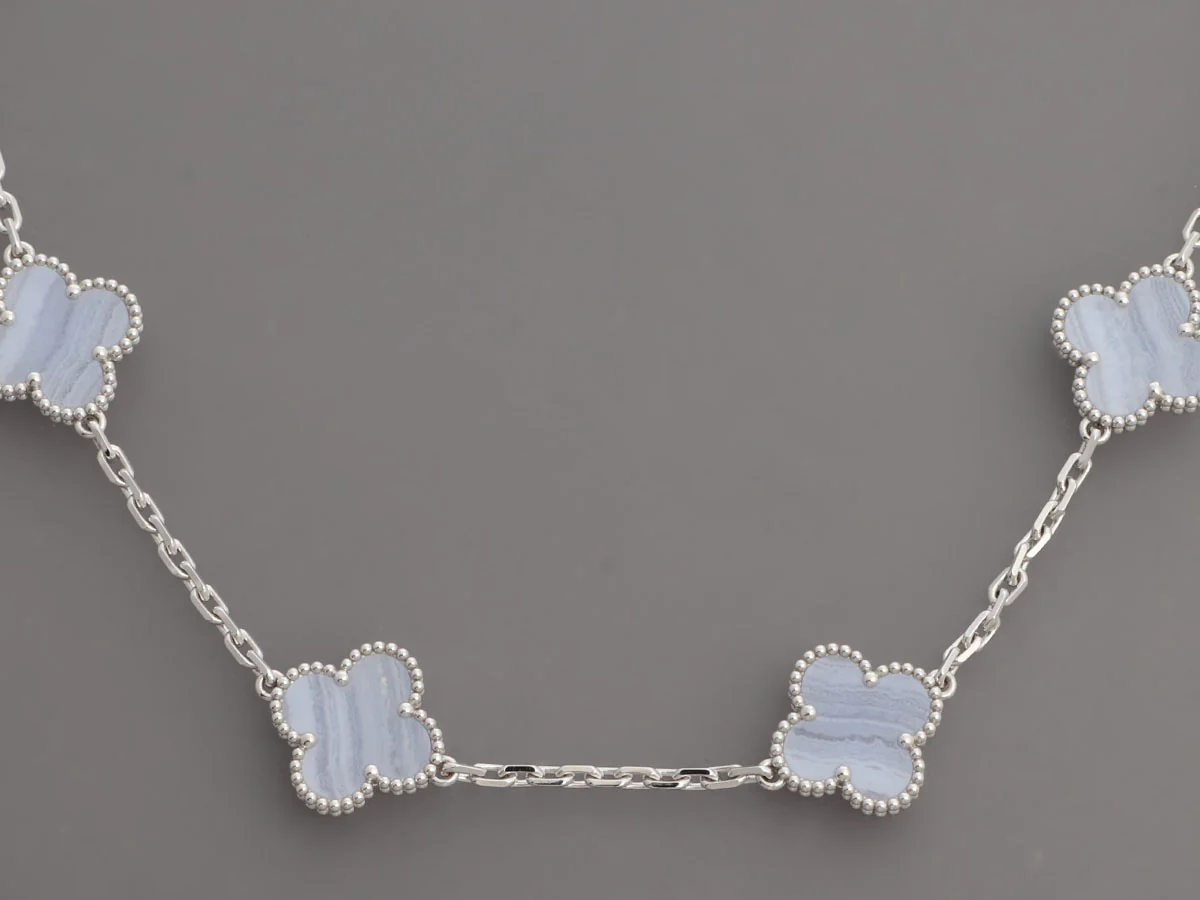 Van Cleef & Arpels 18K White Gold 10-Motif Chalcedony Vintage Alhambra Necklace - Image 3