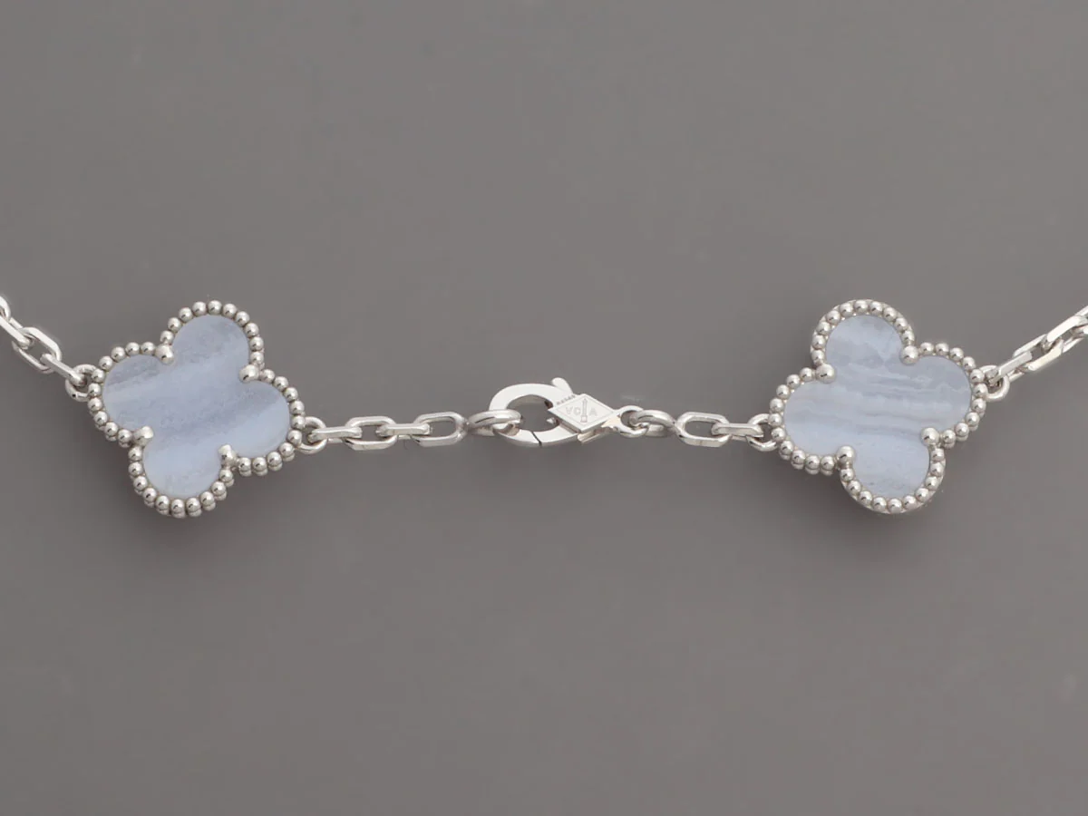 Van Cleef & Arpels 18K White Gold 10-Motif Chalcedony Vintage Alhambra Necklace - Image 4