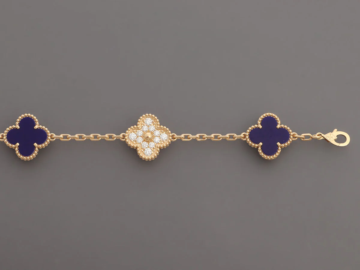 VCA 18K Yellow Gold Diamond and Blue Sèvres Porcelain Vendôme Vintage Alhambra 50th Anniversary Bracelet - Image 3