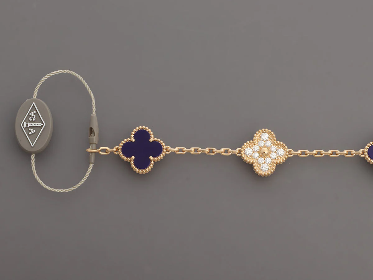 VCA 18K Yellow Gold Diamond and Blue Sèvres Porcelain Vendôme Vintage Alhambra 50th Anniversary Bracelet - Image 5