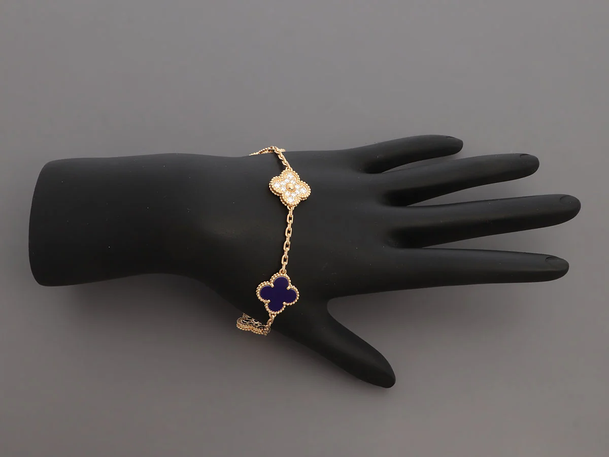 VCA 18K Yellow Gold Diamond and Blue Sèvres Porcelain Vendôme Vintage Alhambra 50th Anniversary Bracelet - Image 6