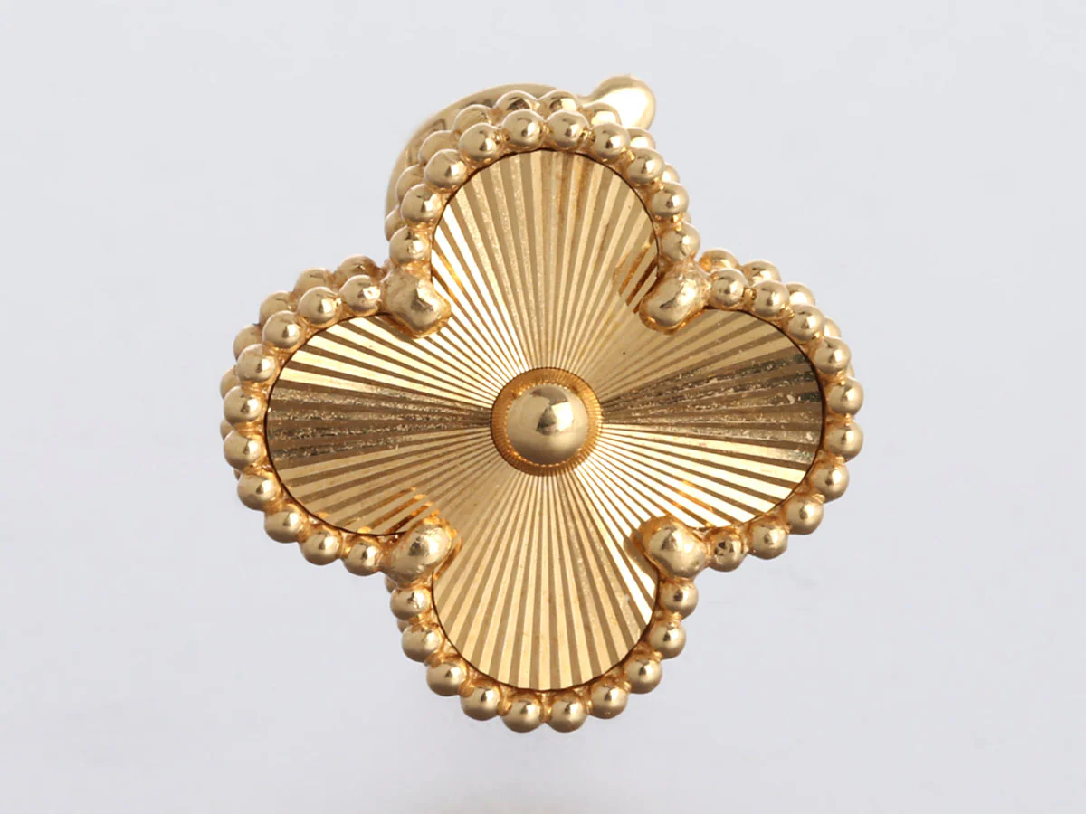 Van Cleef & Arpels 18K Yellow Gold Vintage Alhambra Guilloché Pierced Earrings - Image 2