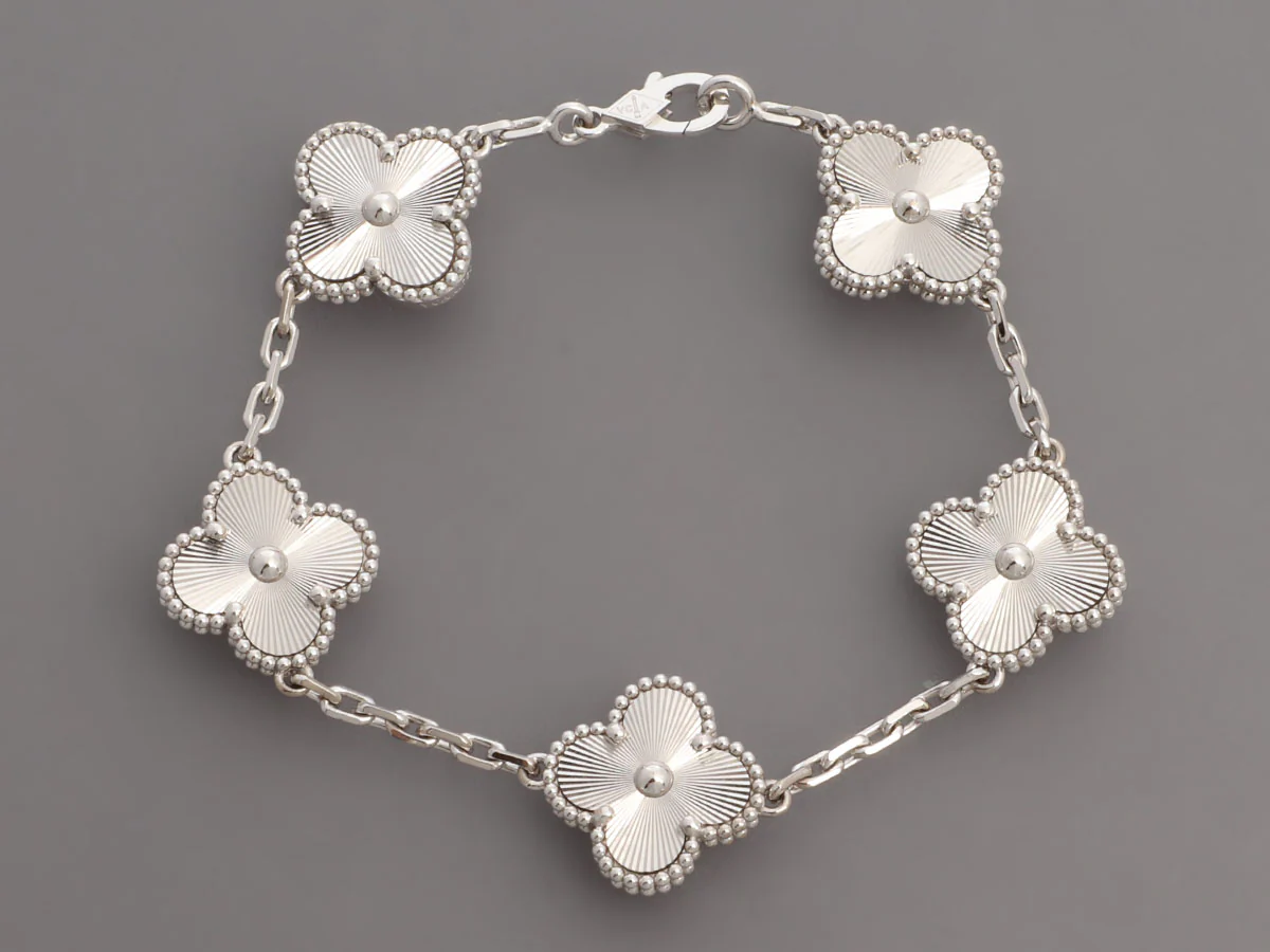 Van Cleef & Arpels 18K White Gold 5-Motif Vintage Alhambra Guilloché Bracelet - Image 2