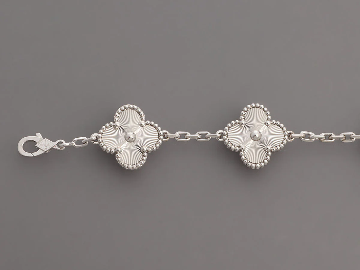 Van Cleef & Arpels 18K White Gold 5-Motif Vintage Alhambra Guilloché Bracelet - Image 4