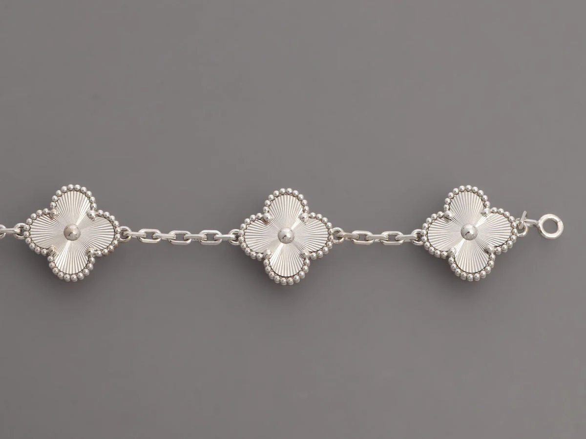 Van Cleef & Arpels 18K White Gold 5-Motif Vintage Alhambra Guilloché Bracelet - Image 5