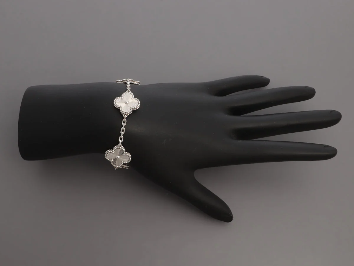 Van Cleef & Arpels 18K White Gold 5-Motif Vintage Alhambra Guilloché Bracelet - Image 6