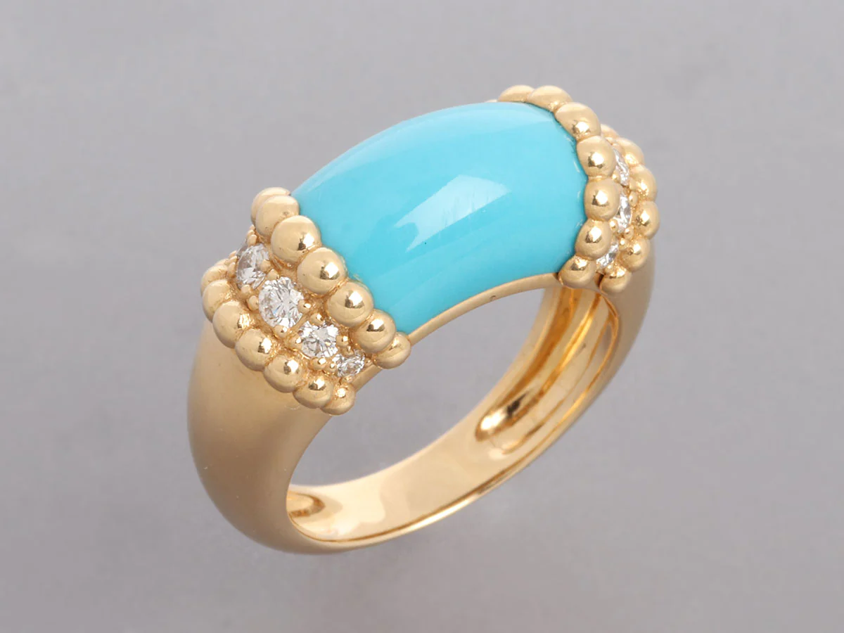 Van Cleef & Arpels 18K Yellow Gold Diamond and Turquoise Perlée Couleurs Ring - Image 2