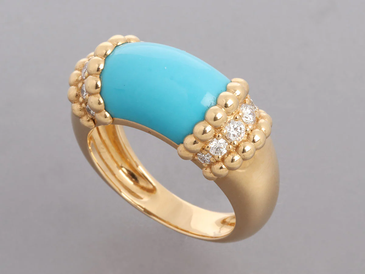 Van Cleef & Arpels 18K Yellow Gold Diamond and Turquoise Perlée Couleurs Ring - Image 3