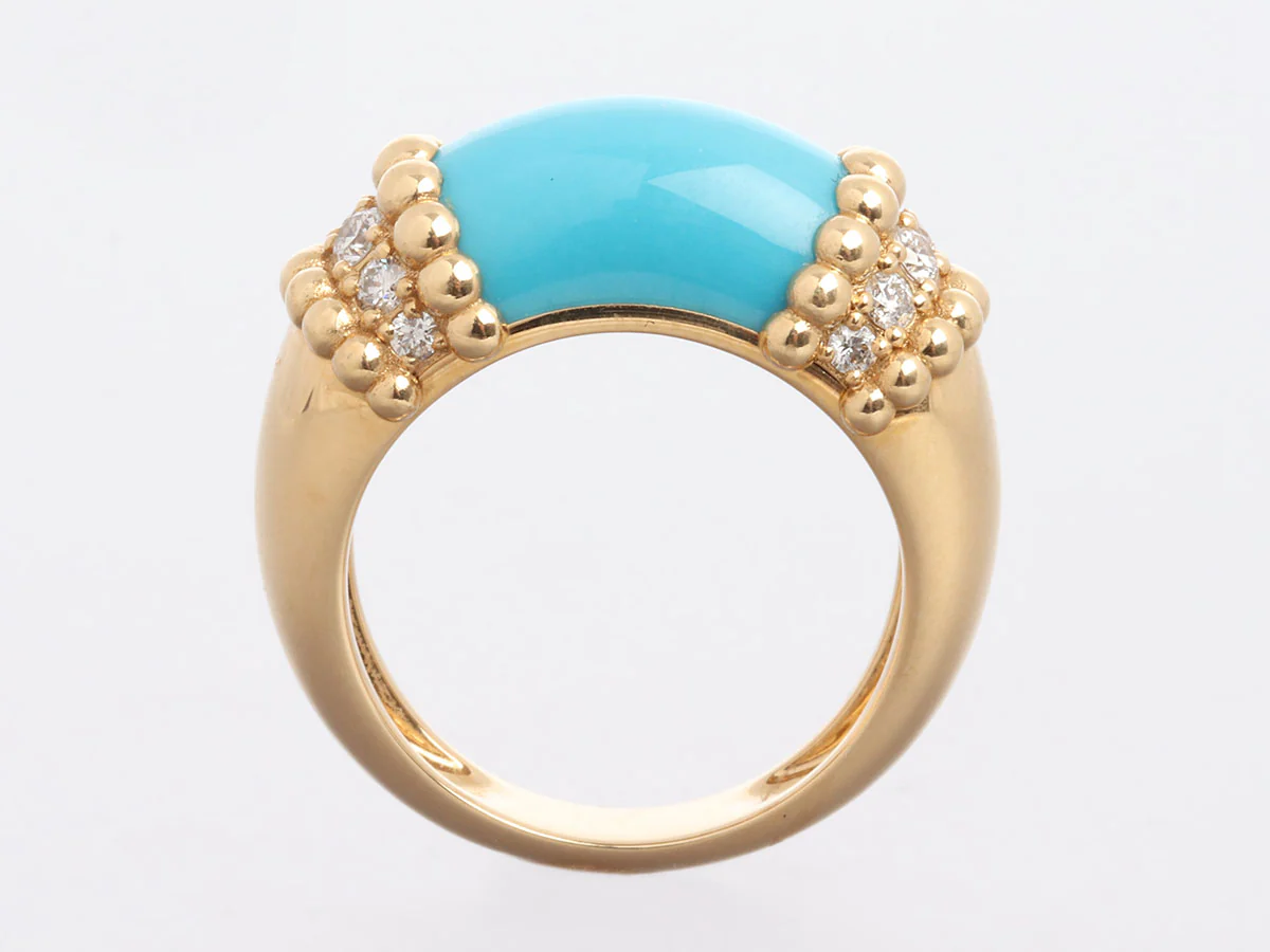 Van Cleef & Arpels 18K Yellow Gold Diamond and Turquoise Perlée Couleurs Ring - Image 4