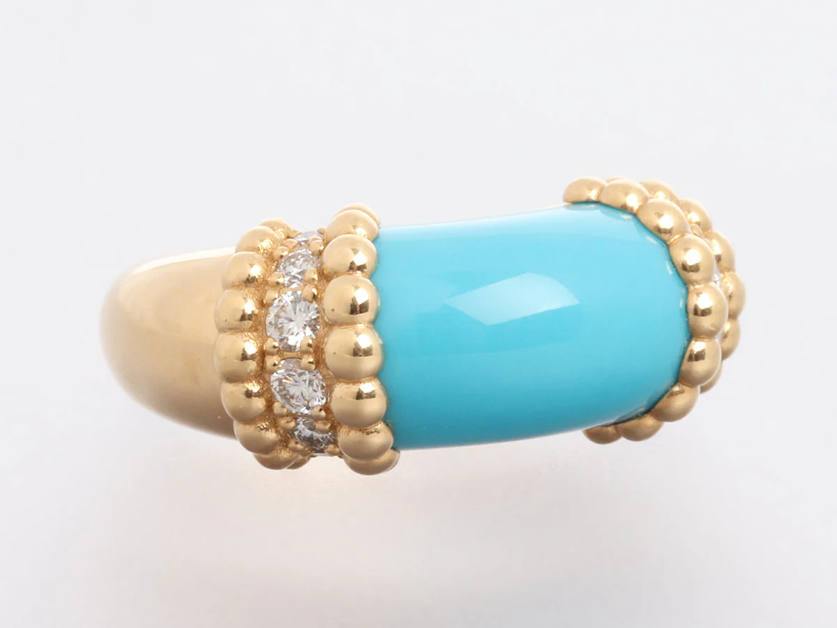 Van Cleef & Arpels 18K Yellow Gold Diamond and Turquoise Perlée Couleurs Ring - Image 5