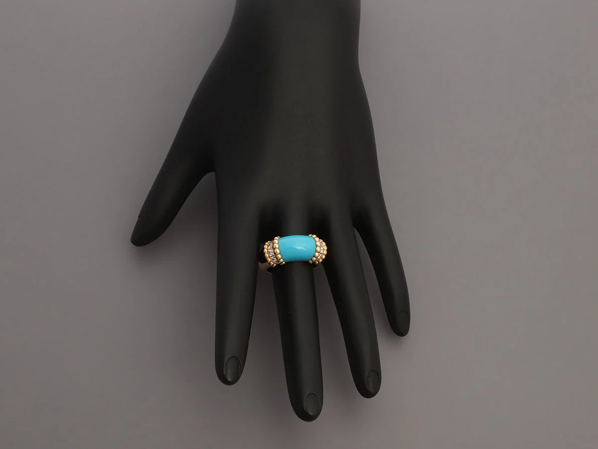 Van Cleef & Arpels 18K Yellow Gold Diamond and Turquoise Perlée Couleurs Ring - Image 6