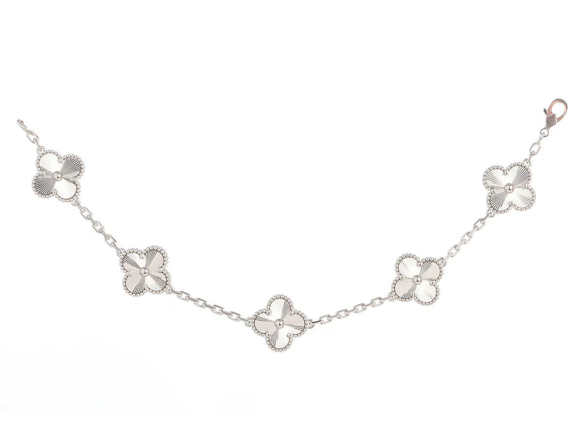 Van Cleef & Arpels 18K White Gold 5-Motif Vintage Alhambra Guillloché Bracelet