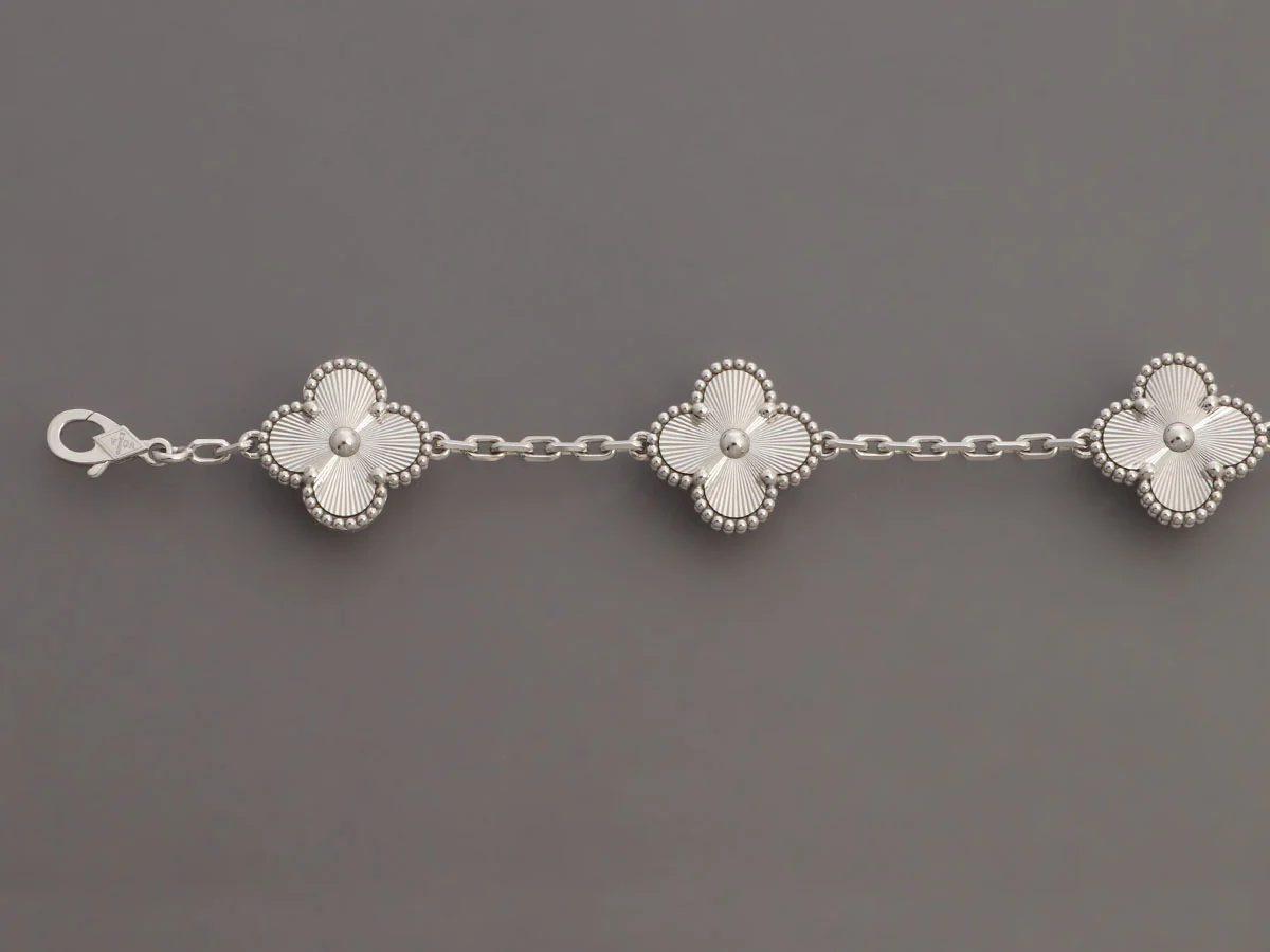 Van Cleef & Arpels 18K White Gold 5-Motif Vintage Alhambra Guillloché Bracelet - Image 4