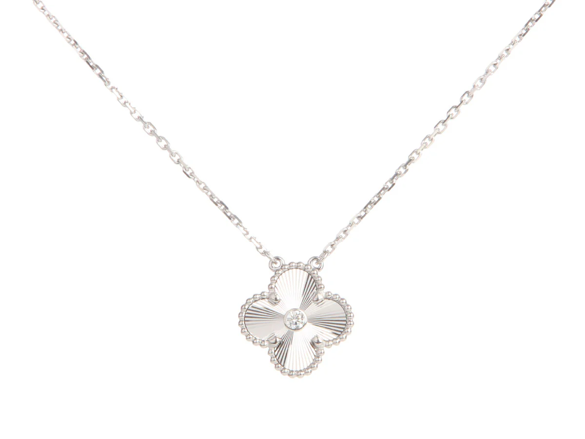 Van Cleef & Arpels 18K White Gold Guilloché 2020 Holiday Vintage Alhambra Necklace