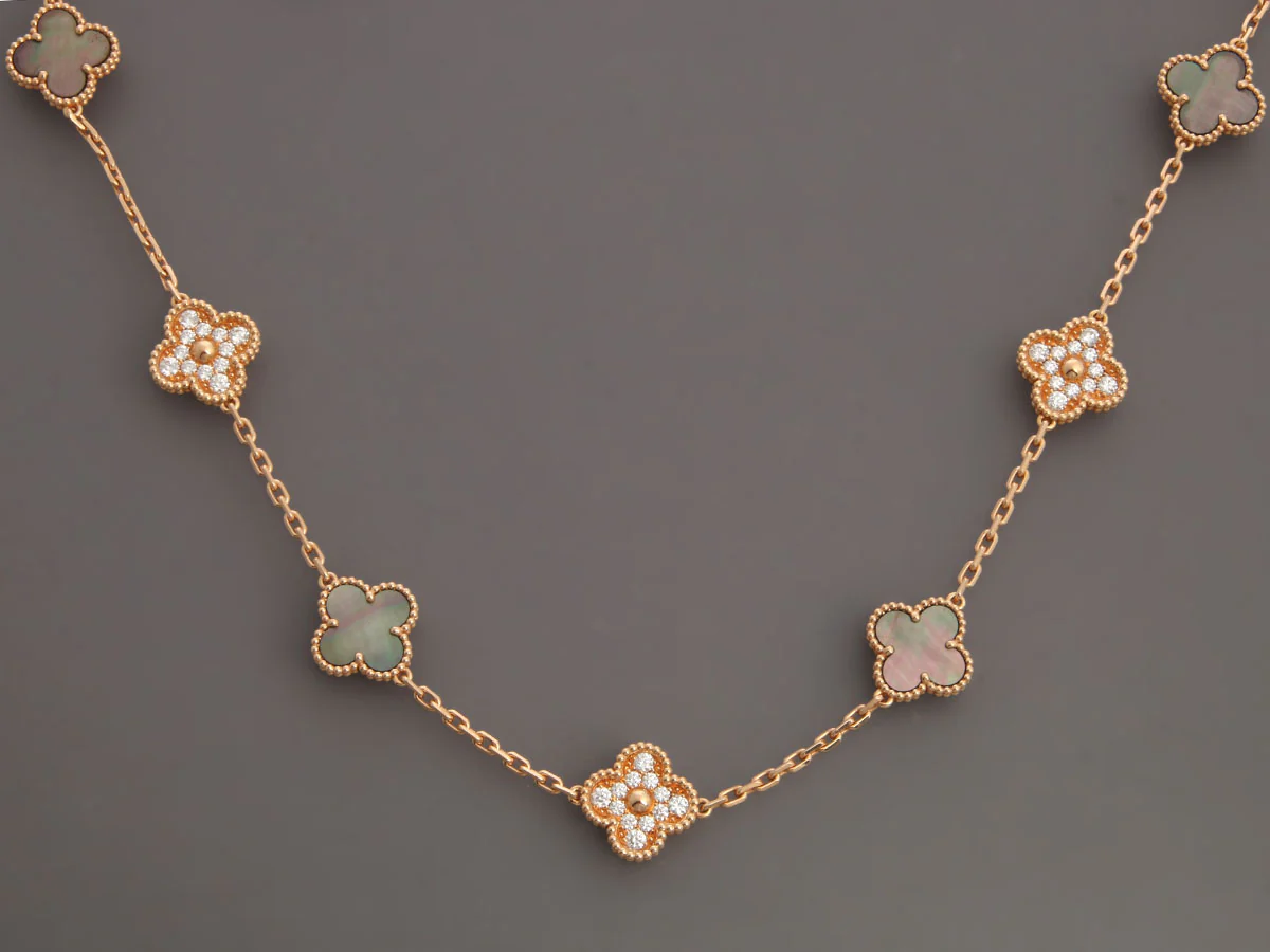 Van Cleef & Arpels 18K Rose Gold Diamond and Gray MOP Vintage Alhambra 50th Anniversary Necklace - Image 3