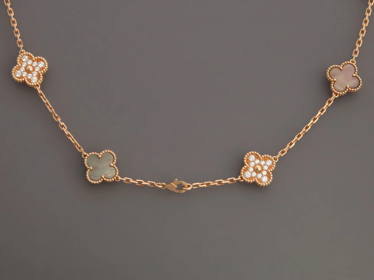 Van Cleef & Arpels 18K Rose Gold Diamond and Gray MOP Vintage Alhambra 50th Anniversary Necklace - Image 4