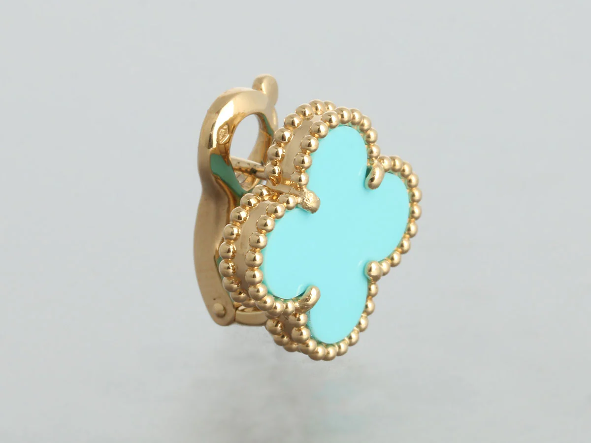 Van Cleef & Arpels 18K Yellow Gold Turquoise Vintage Alhambra Earrings - Image 3