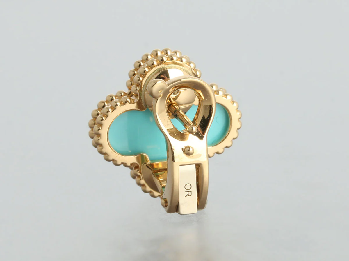 Van Cleef & Arpels 18K Yellow Gold Turquoise Vintage Alhambra Earrings - Image 4