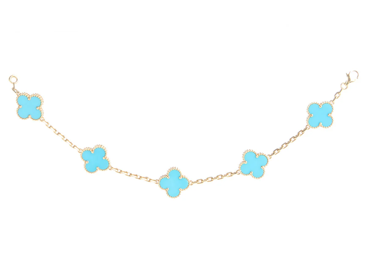 Van Cleef & Arpels 18K Yellow Gold Turquoise 5-Motif Vintage Alhambra Bracelet