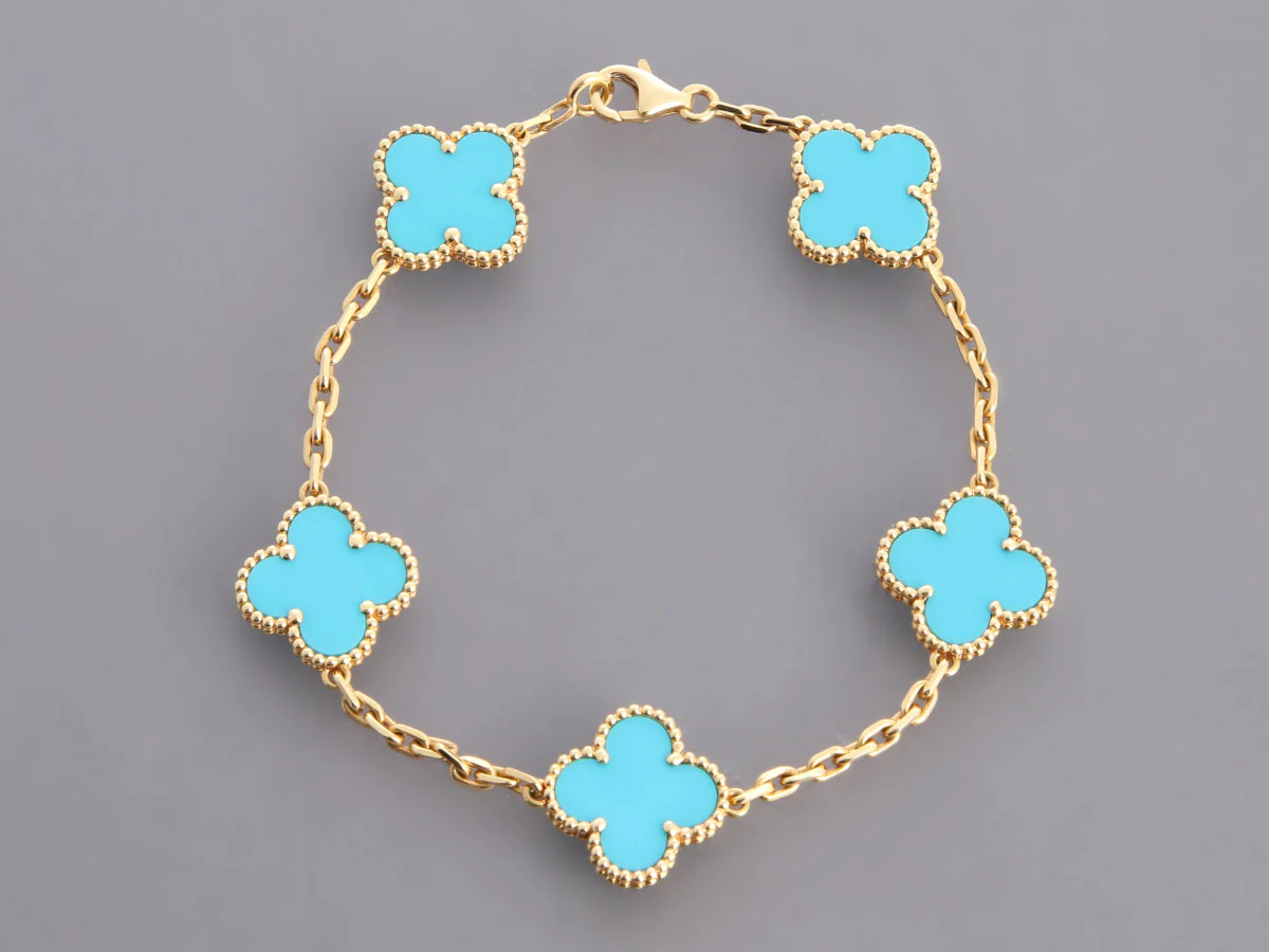Van Cleef & Arpels 18K Yellow Gold Turquoise 5-Motif Vintage Alhambra Bracelet - Image 2