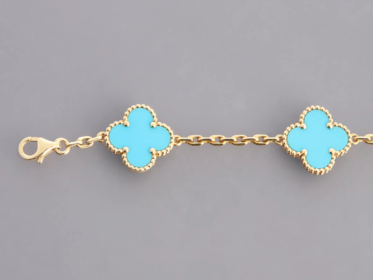 Van Cleef & Arpels 18K Yellow Gold Turquoise 5-Motif Vintage Alhambra Bracelet - Image 3