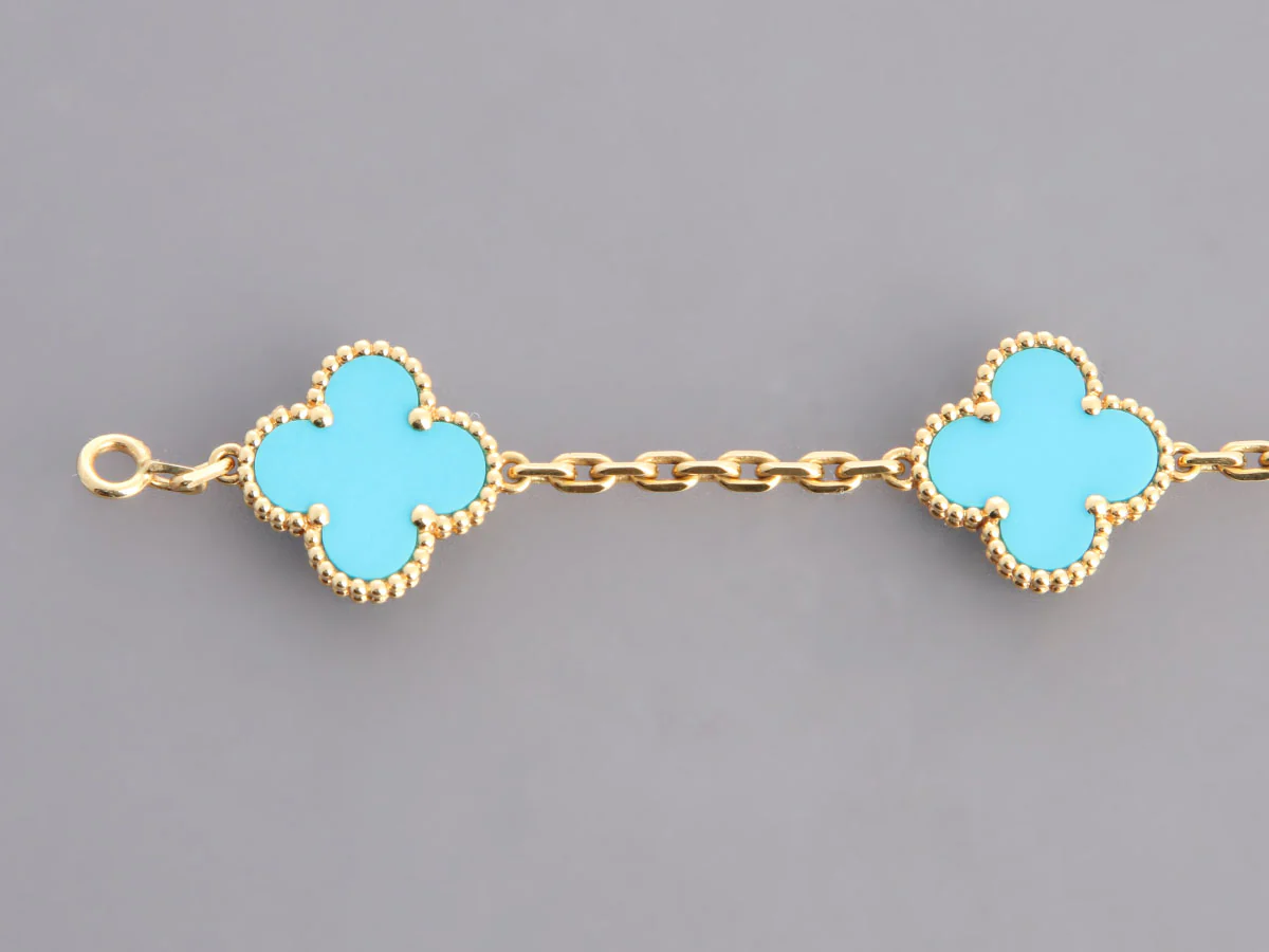 Van Cleef & Arpels 18K Yellow Gold Turquoise 5-Motif Vintage Alhambra Bracelet - Image 4