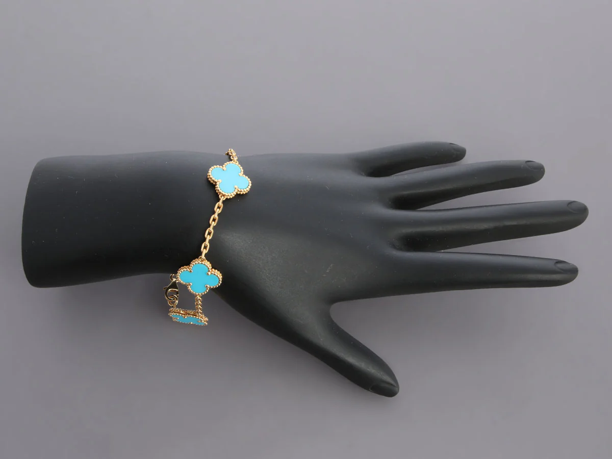 Van Cleef & Arpels 18K Yellow Gold Turquoise 5-Motif Vintage Alhambra Bracelet - Image 5