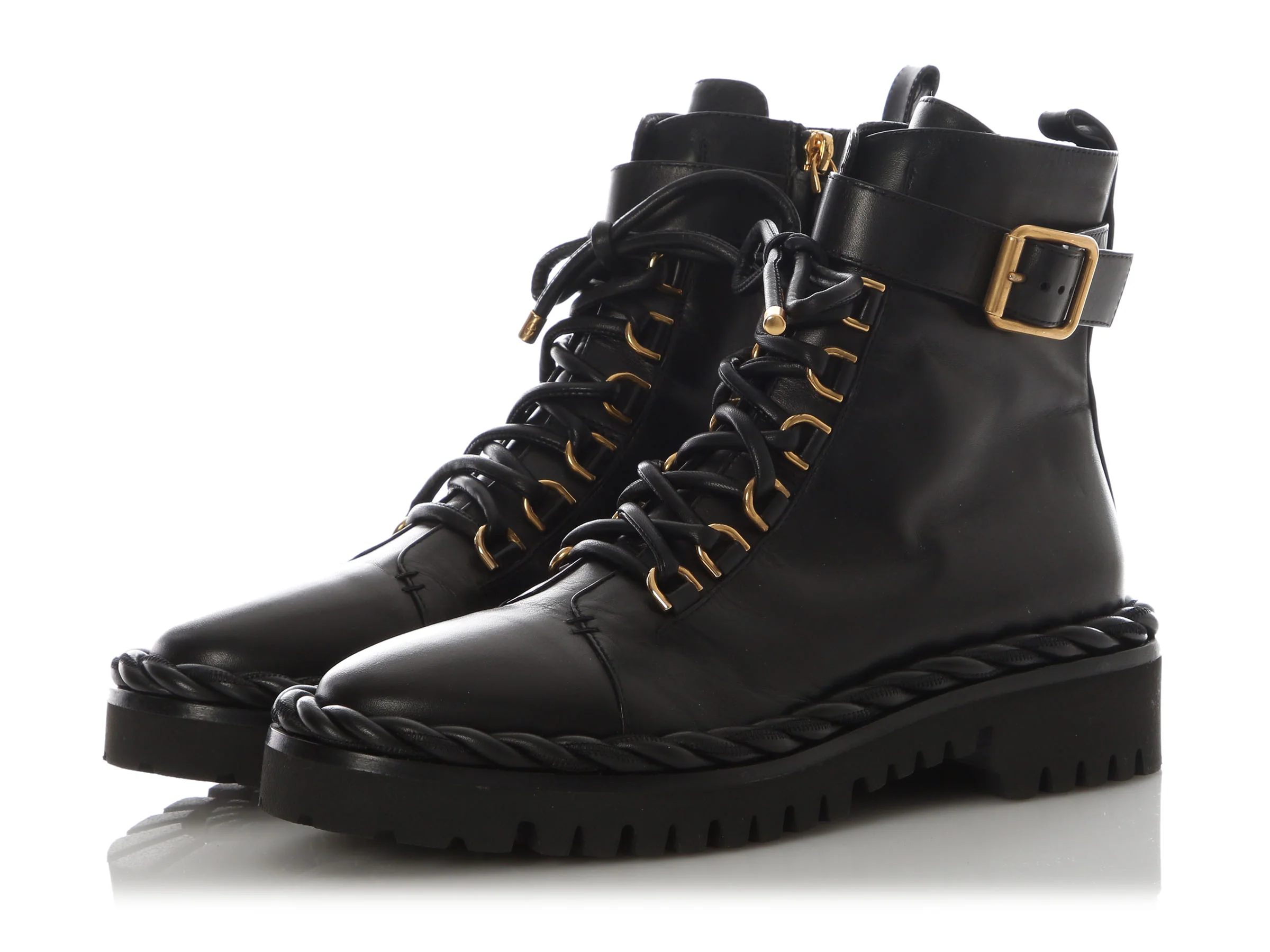 Valentino Black Leather The Rope Lace-Up Combat Boots - Image 3